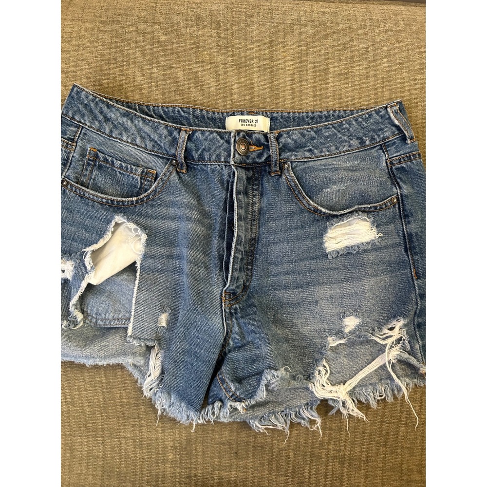 Forever 21 Women's Distressed Denim Cutoff Shorts Button Fly‎ Ripped Blue